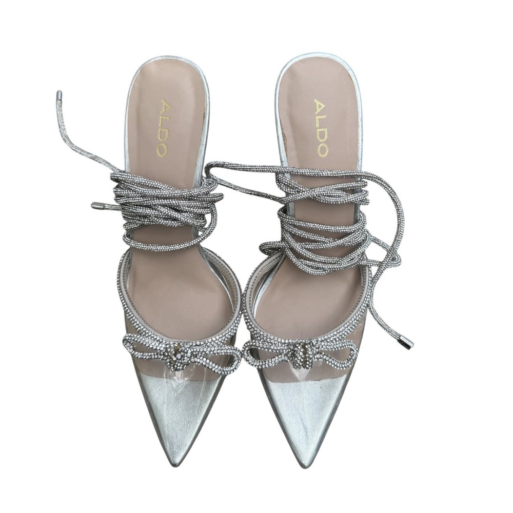 ALDO Silver Rhinestone Lace Up Heels 8 Pointed Toe PVC Bow Stiletto Pumps